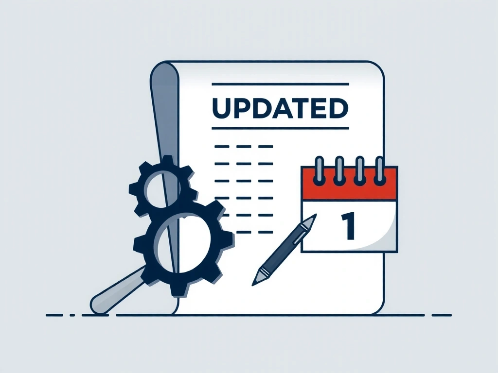 Illustration of a document being updated, with gears and a calendar icon, symbolizing policy revisions and timely notifications.