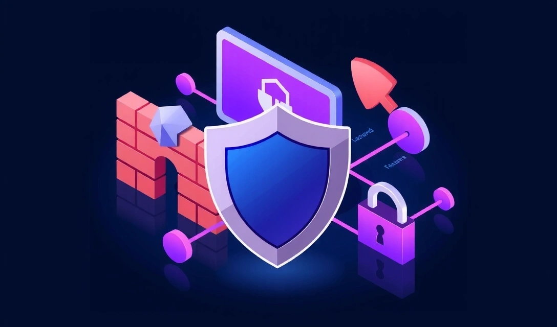 Ilustración de seguridad informática con un escudo y un firewall