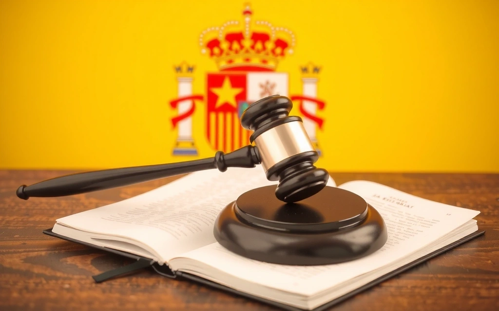 Martillo de juez sobre un libro de leyes y la bandera de España, simbolizando la jurisdicción legal.